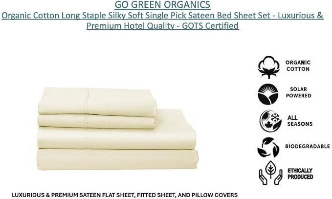 Organic Cotton Long Staple Silky Soft Single Pick Sateen Bed Sheet Set - Luxurious & Premium Hotel Quality - GOTS Certified - Solid Dyed (Natural, Queen (U.S. Standard))