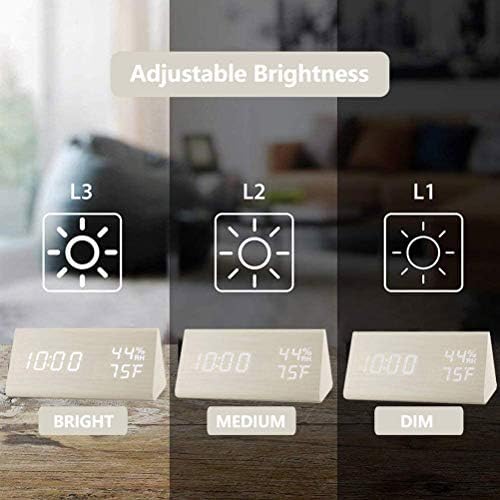 Digital Alarm Clock, Wooden Alarm Clock with Electronic LED Time Display, Humidity & Temperature Detect 3 Alarm Settings 3 Level Brightness Electric Clock for Bedroom Bedside Desk (White wood color)