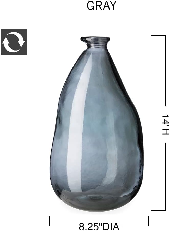 VivaTerra Recycled Oblong Glass Balloon Vase – Handblown Glass Vases for Centerpieces – Unique Organic Shape in a Delicate Grey Color – Sustainable and Unique Home Decor (14" H x 8.25" Dia.)