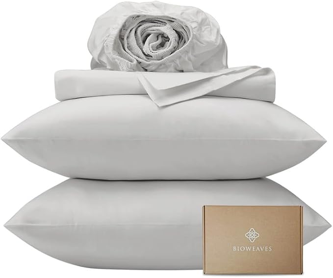 BIOWEAVES 100% Organic Cotton Sheets, 300 Thread Count 3-Piece GOTS Certified Bed Sheet Set Fits Mattress Upto 17" Deep Pocket, Soft & Silky Sateen Weave (Twin, Silver)