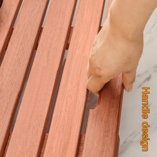 Teak Shower Mat Foldable Luxury Wooden Non-Slip Wood Bath Mat for Bathroom Bathtub Indoor Outdoor,Bamboo Bath Mat for Shower Spa and Sauna Waterproof Anti Slip Mat with Handle Design Rectang
