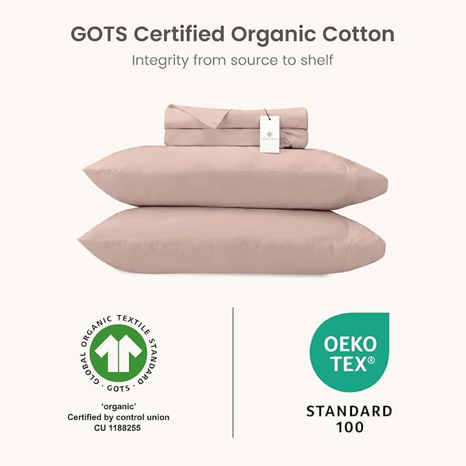 BIOWEAVES 100% Organic Cotton Sheets, 300 Thread Count 4-Piece GOTS Certified Bed Sheet Set Fits Mattress Upto 17" Deep Pocket, Soft & Silky Sateen Weave (Queen, Dusty Rose)