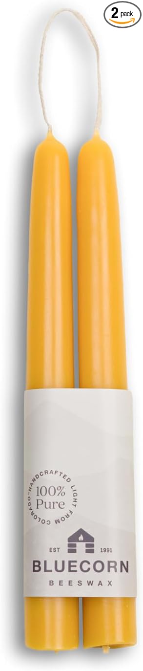 Bluecorn Beeswax Taper Candles, 100% Pure Natural Bees Wax, Pair of 8 Inch Yellow Tapered Candlesticks, Clean Burning & Dripless, Fragrance Free, Long Lasting, Home Decor, American Made, 1 Count