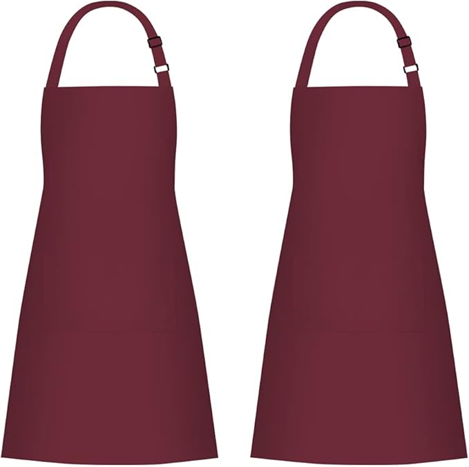 Jubatus 2 Pack 100% Cotton Aprons with 2 Pockets Cooking Chef Kitchen Adjustable Bib Apron for Women Men, Wine Red