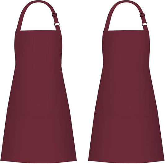 Jubatus 2 Pack 100% Cotton Aprons with 2 Pockets Cooking Chef Kitchen Adjustable Bib Apron for Women Men, Wine Red