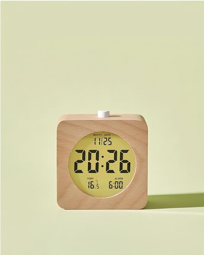 Nordic Style Solid Wood Alarm Clock - Minimalist Wooden Clock with LCD Display, Temperature & Date, Handmade, Rechargeable, Bedside Desk Decor for Home Office (Square)