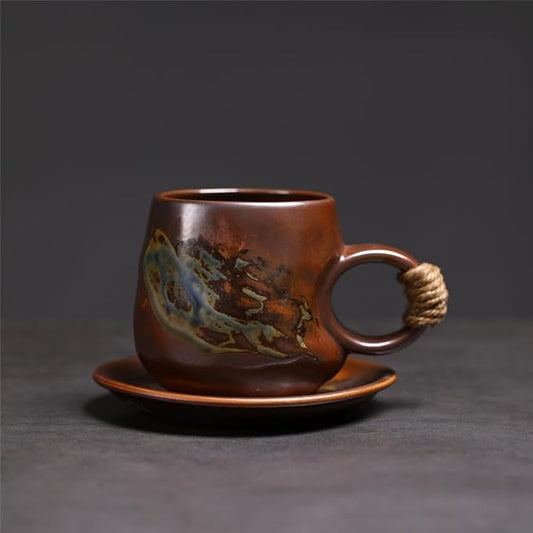 Handmade Rustic Ceramic Coffee Mug with Saucer, Kiln Glaze Pottery Tea Cup with Hemp Rope Handle, set of1, 300ml (YUANER03)