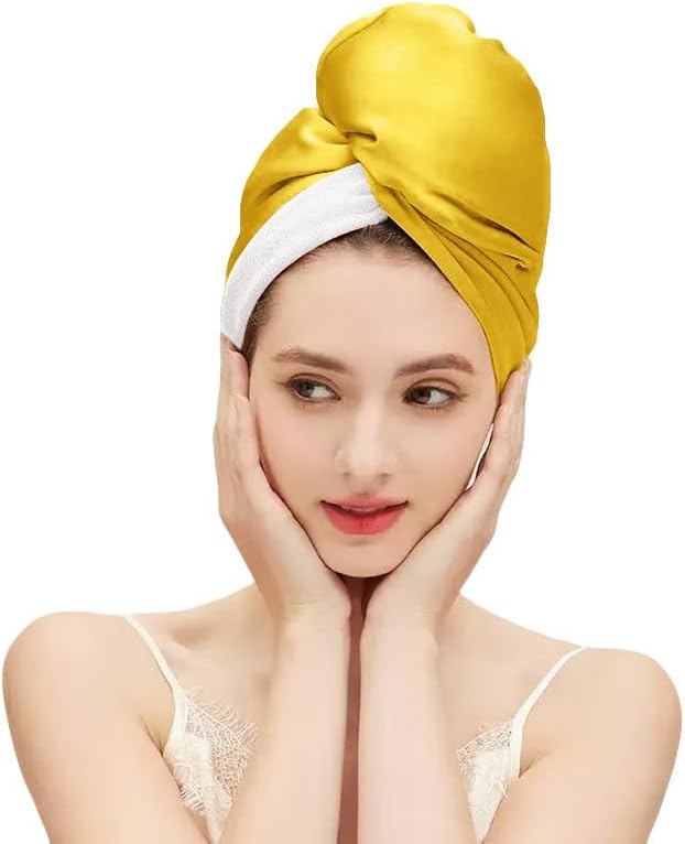 Satin Microfiber Hair Towel Wrap for Quick Drying & Anti-Frizz - Super Absorbent, Hair Turbans for Wet Hair, Ideal for Long, Short, Curly Hair (Gold)
