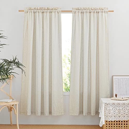 NICETOWN Farmhouse Linen Curtains Semi Sheer 72 inch Long, Rod Pocket Privacy Added with Light Filtering Linen Weave Vertical Drapes for Loft/Home Office, Natural, W55 x L72, 2 Panels