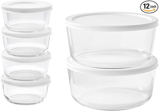 12-Piece Glass Food Storage Containers Set (6 Containers + 6 BPA-Free Lids) | 1-Cup & 6.5-Cup, Leakproof | Microwave, Freezer, Oven & Dishwasher Safe | Ideal for Meal Prep & Pantry Organization, White