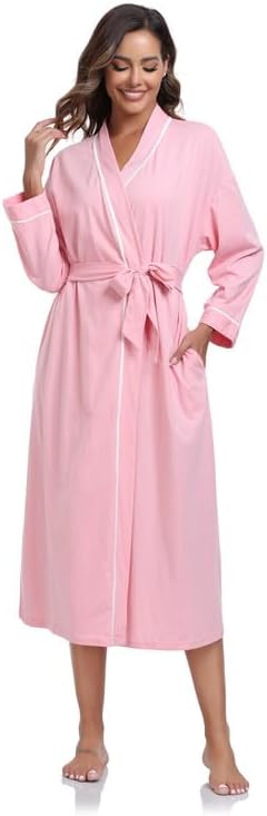 COLORFULLEAF 100% Cotton Women's Robes Summer Lightweight Kimono Soft Long Cotton Bathrobe for Women with Pockets