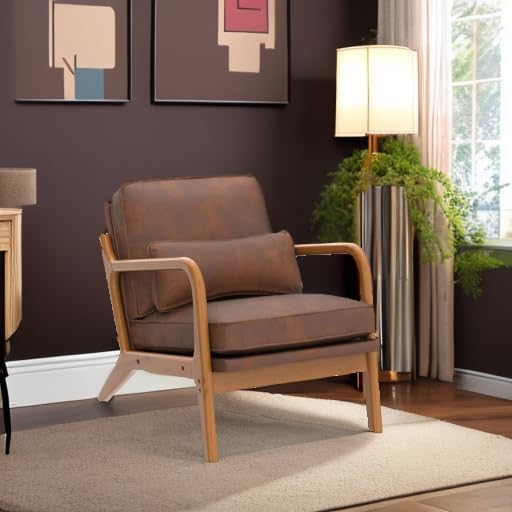Karl home Mid-Century Modern Accent Reading Chair, Brown | Bronzing Upholstered, Solid Wood Frame, Soft Cushion, Lumbar Pillow, Lounge Armchair for Living Room, Bedroom, Balcony, Study