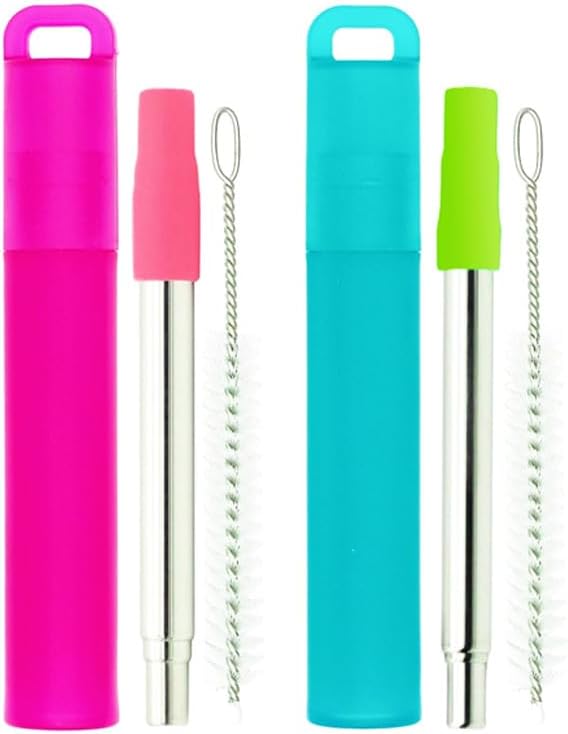 NAIVELY-Metal Reusable Straws, 2 Pack Collapsible Portable Stainless Steel Straws, with Plastic Housing Silicone Tips and Cleaning Brush, Retractable Portable Pocket Drinking Straws