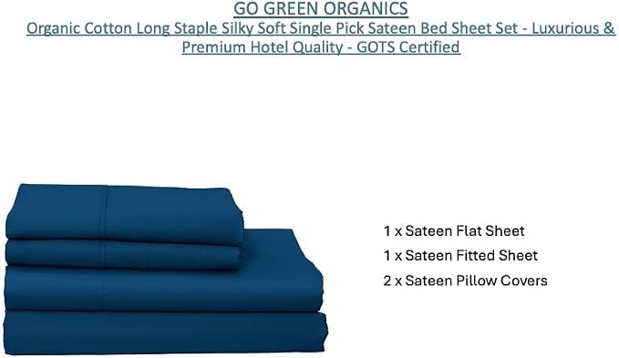 Organic Cotton Long Staple Silky Soft Single Pick Sateen Bed Sheet Set - Luxurious & Premium Hotel Quality - GOTS Certified - Solid Dyed (Moroccon Blue, Queen (U.S. Standard))