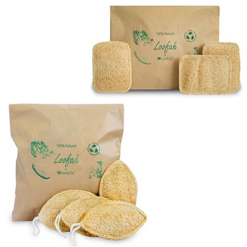 Natural Loofah Exfoliating Sponge (4 Pack) + Natural Loofah Kitchen Sponge (3 Pack) - Loofah Exfoliating Body Scrubber - Natural Sponges for Dishes - Biodegradable Sponges - Compostable Sponges