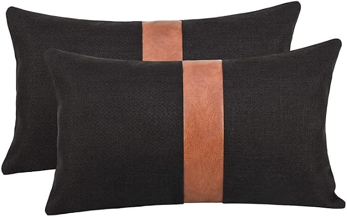 TAOSON Set of 2 Cotton Canvas Patchwork Faux Leather Throw Pillow Covers 12x20 Inch Modern Stripe Patchwork Pillow Covers Farmhouse Decor Pillow Cases for Couch Living Room Bed Sofa Decor Brown Black