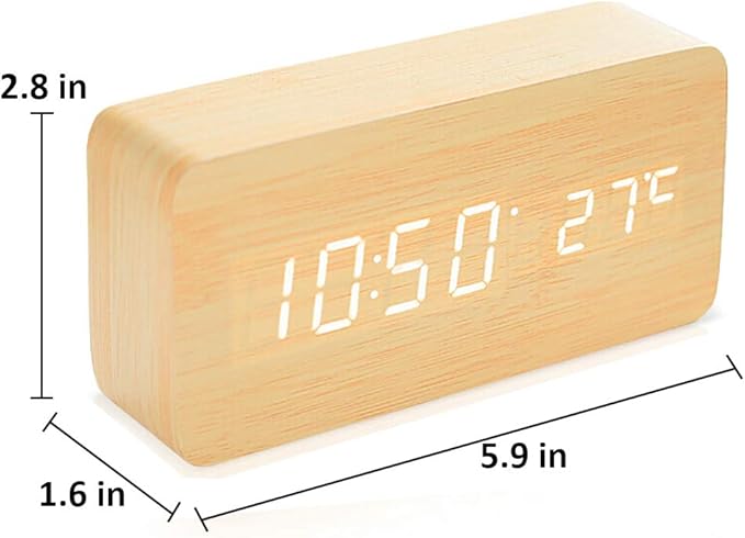 Wooden Digital Clock Multi-Function LED Alarm Clock with Time/Date/Temperature Display and Voice Control for Home Office Travel - AC11Yellow_White