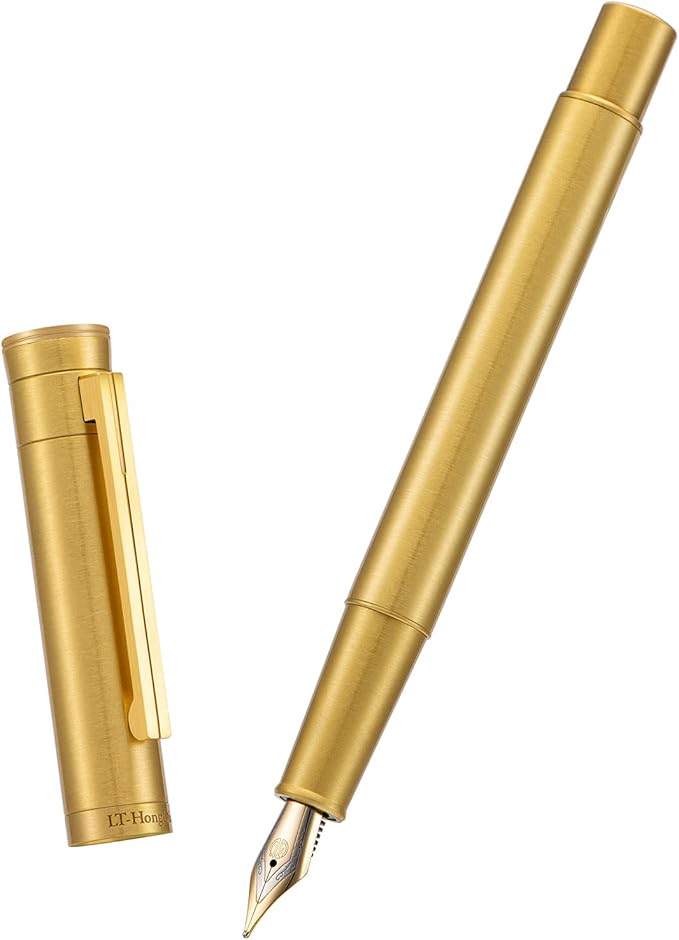HONG DIAN Forest Pro Raw Brass Fountain Pen, Extra Fine Nib Classic Design Smooth Writing Copper Pen with Converter and Metal Pen Case Set