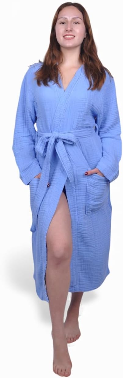 Muslin Bathrobe - Cotton Gauze Robe for Women and Men - Lightweight Breathable Summer Kimono - Boho Spa/Maternity Robe