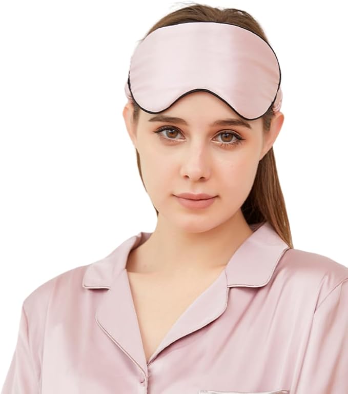 100% Mulberry Silk Sleep Mask for Women/Men Airplane Travel, Pure 22 Momme Silk Eye Mask Blackout for Sleeping, Ajustable, Luxury, Anti Wrinkle, Anti Aging Silk Blindfold, Made in USA (Pink)