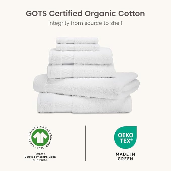 BIOWEAVES 100% Organic Cotton Bath Towel Set | 700 GSM Plush 7-Piece Premium Towel Set GOTS Certified, 2 Bath Towels, 2 Hand Towels & 2 Washcloths, 1 Bath Mat - White