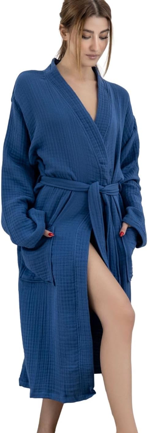 100% Cotton Muslin Kimono Robe for Women, Lightweight Gauze Bathrobe, Soft Breathable Spa Robe