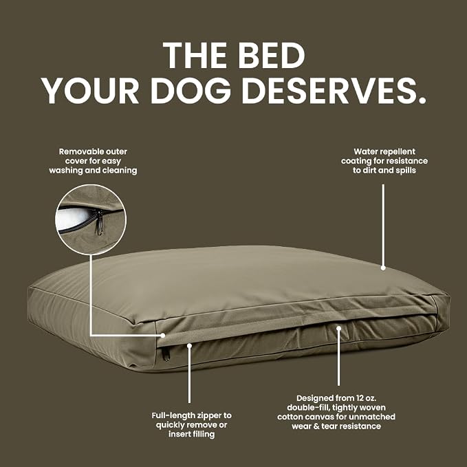 WHITEDUCK Outdoor Dog Bed Heavy-Duty 12oz Canvas, Water-Repellent Cotton, Machine Washable Removable Cover with Full-Length Zipper, Dog Bed for Large Dogs & Crate, (Olive) 41" Lx33 Wx4.3 th (XL)