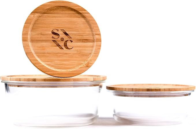 Stone & Clay Food Storage Containers Set - Glass Meal Prep Lunch Boxes with Bamboo Lids - Reusable, Microwavable, and Dishwasher Safe - 3 Round Containers - Small (21oz), Medium (32oz), Large (59oz)
