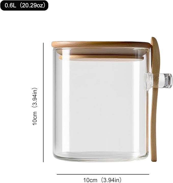 600ml/20.29Oz Clear Glass Spice Jars with Bamboo Lids - Square Glass Food Storage Jars Containers with Spoon - Airtight kilner jars for Tea,Coffee,Sugar,Cereal,Flour