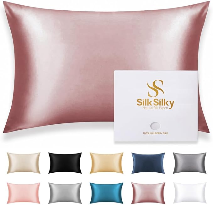 SilkSilky 100% Mulberry Silk Pillowcase - Pure 22 Momme High-Grade 6A Fibers for Hair & Skin, Envelope Closure, Natural, Organic, Breathable & Cooling Pillow Case (Standard, Pale Mauve)