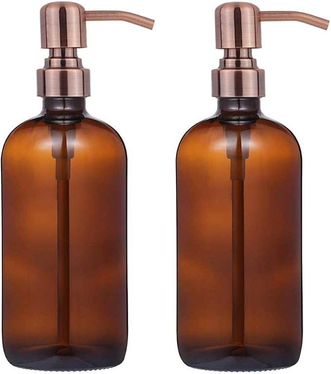 2 Pack Thick Amber Glass Pint Jar Soap Dispenser with Copper Stainless Steel Pump, 16ounce Boston Round Bottles Dispenser with Rustproof Pump for Essential Oil, Lotion Soap | Copper Stainless Steel Pumps