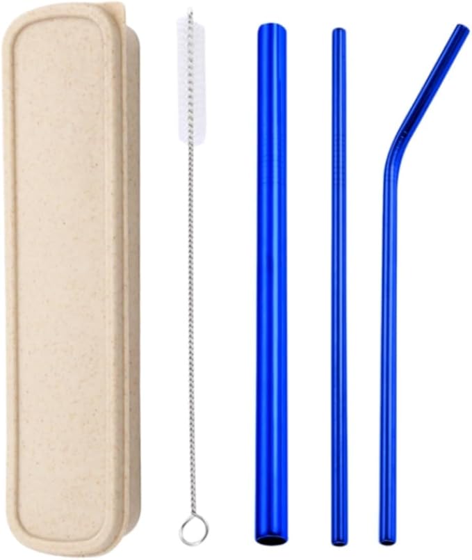 304 Stainless Steel Blue Reusable Straw Set (10 Inch), Titanium Plated Metal Straws with Wheat Case & Cleaning Brush, 2 Straight & 1 Bent Straws for Iced Coffee, Smoothies & Bubble Tea