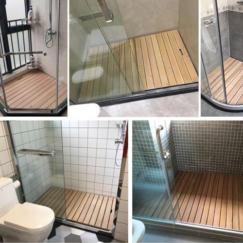 Teak Shower Mat Foldable Luxury Wooden Non-Slip Wood Bath Mat for Bathroom Bathtub Indoor Outdoor,Bamboo Shower Mat Waterproof Non Slip Solid Wood Bath Mat for Kitchen Bedroom Bathtub Toilet