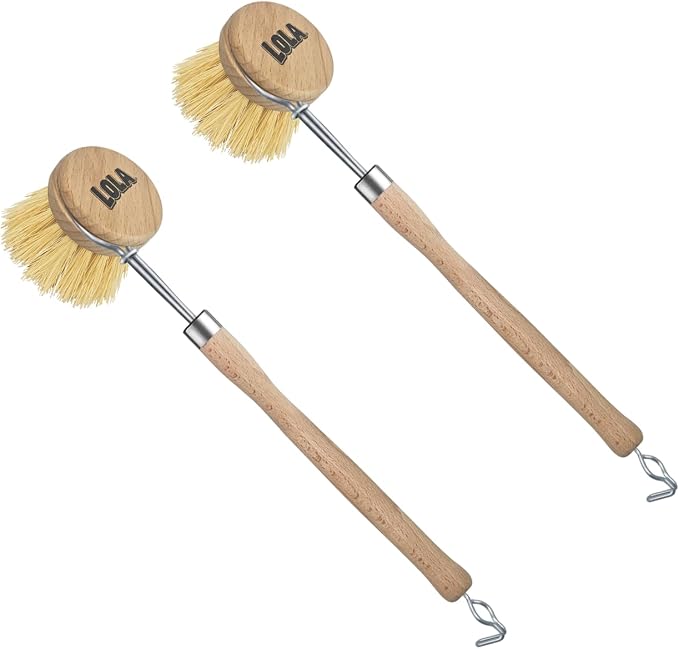 LOLA -The Original - Tampico Vegetable & Dish Brush, 2 Pack, Sustainable Wood Ergonomic Handle w/Tampico Fiber Bristles