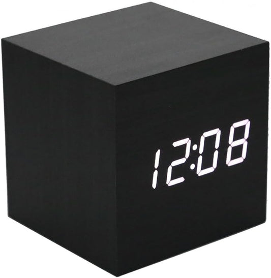 Wooden Alarm Clock - Mini Cube LED Digital Clock with Time/Date/Temperature Display, 3 Levels Brightness and Voice Control Great for Home Office Travel - AC10Black_White