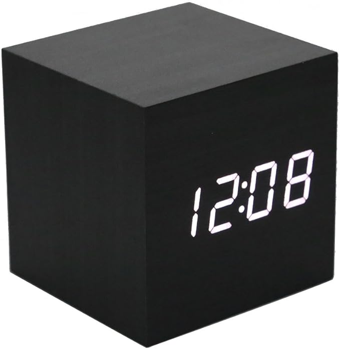 ThreeH Digital Alarm Clock,Wood Cube Little Clock with LED Time Calendar Temperature Display,Sound Control,Intelligent Induction,USB/Battery Powered Clock for Home Office AC10 Black_White