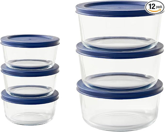 12-Piece Glass Food Storage Containers Set (6 Containers + 6 BPA-Free Lids) | 2-Cup & 4-Cup, Leakproof | Microwave, Freezer, Oven & Dishwasher Safe | Ideal for Meal Prep & Pantry Organization, Blue