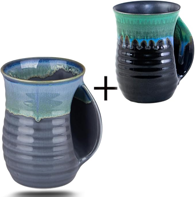 Hand Warmer Mugs Set of 2,16 Ounce Large Hand Warming Mugs Ceramic Gift for Christmas with Contoured Pocket, Keep Your Fingers Warmth(Grey and Green)