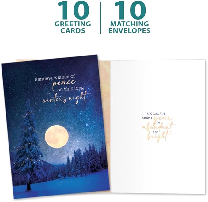 Tree-Free Greetings Peace in Winter's Night Solstice Cards - 10 Recycled 5x7 Cards & Matching Envelopes, Thick Cardstock, Sustainably Made in USA - Bright Full Moon