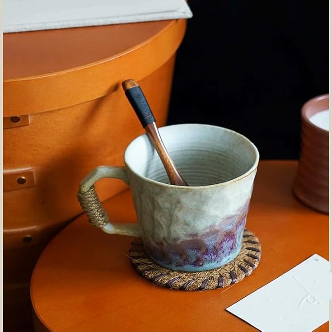 10oz Retro Vintage Japanese Style Handmade Ceramic Tea Cup with Handle, Lead-Free Reactive Glaze Artisanal Coffee Mug, Handmade Pottery Tea Mug for office and home,for Latte and Cappuccino,Purple