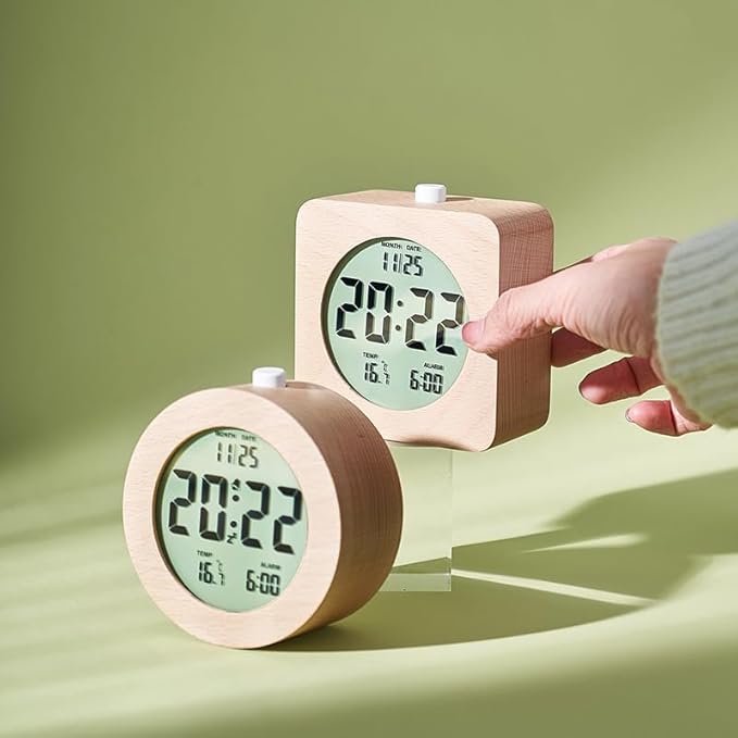 Nordic Style Solid Wood Alarm Clock - Minimalist Wooden Clock with LCD Display, Temperature & Date, Handmade, Rechargeable, Bedside Desk Decor for Home Office (Square)