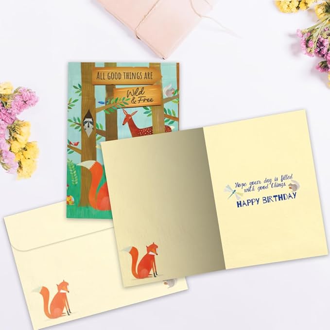 Tree-Free Greetings - Birthday Cards - Artful Designs - 1 Card + Matching Envelope - Made in USA - 100% Recycled Paper - 5"x7" - Wild and Free Woodland (GO65476)