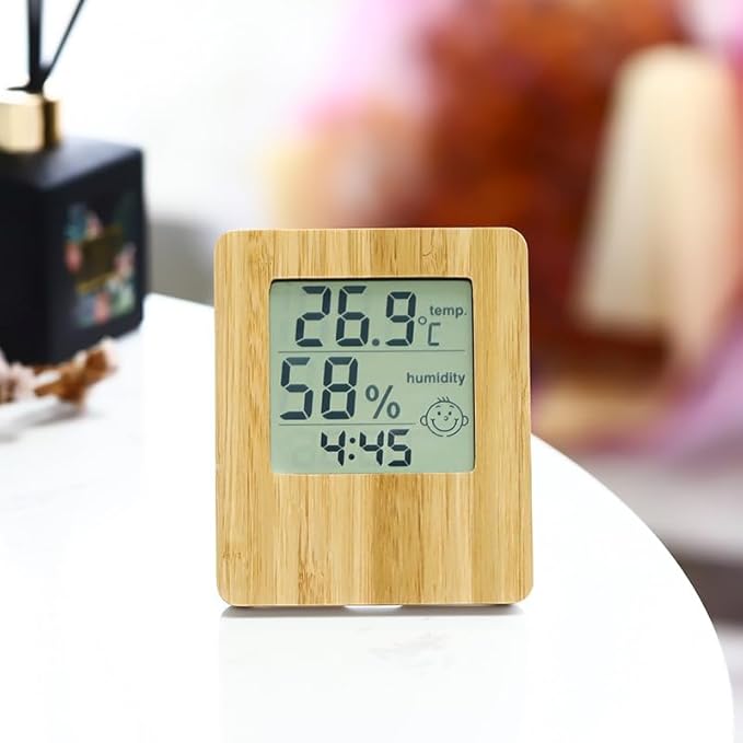 Weather Display Digital Wooden Clock - Desktop Thermometer Hygrometer Alarm Clock for Bedroom & Living Room