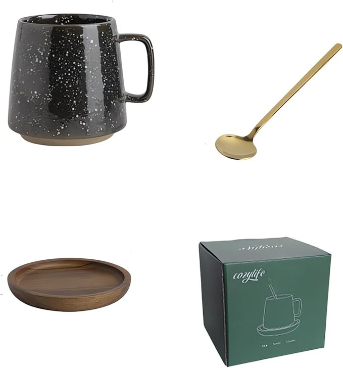 Ceramic Coffee and Tea Cup with Natural Acacia Wood Saucer (8 Oz), Best for Latte, Cappuccino, Tea or Espresso. Unglazed Porcelain Arty Mug (Black and white dot)