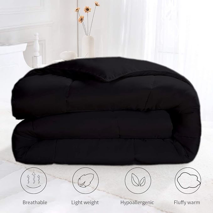 All Season Hypoallergenic Luxurious Down Alternative Cotton Comforter, Ultra-Soft 750 Fill-Power Twin XL Size Measures 68" x 92", Black