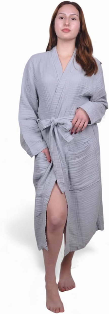 Muslin Bathrobe - Cotton Gauze Robe for Women and Men - Lightweight Breathable Summer Kimono - Boho Spa/Maternity Robe