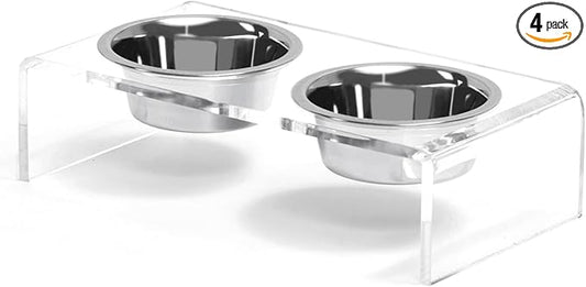 Acrylic Elevated Dog Cat Bowls Pet Feeder Double Bowl Raised Stand Comes with 4 Removable Stainless Steel Bowls. Perfect for Cats Puppies Small Dogs, 3.75 Inch