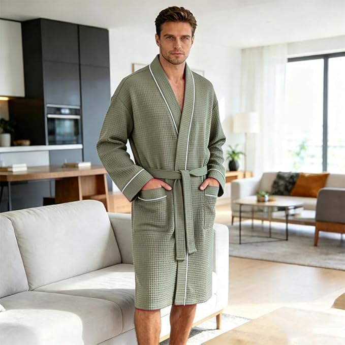 Inner Wish Men's Cotton Waffle Kimono Robe, Lightweight Soft Spa Shower Bathrobe, Hotel Lounge Robes for Men