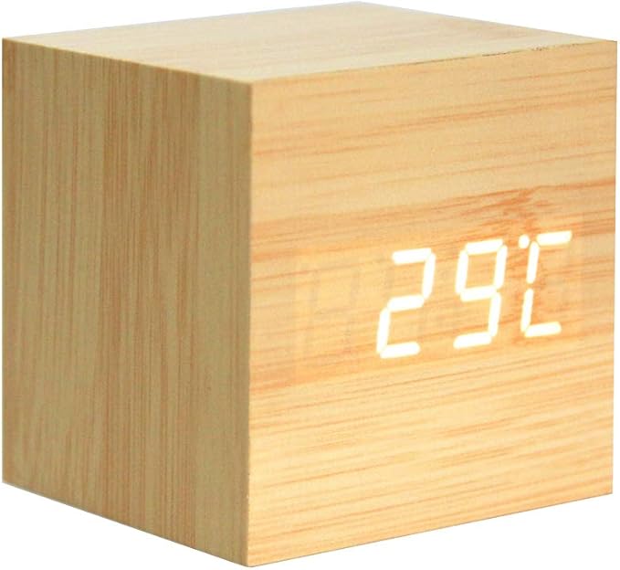 ThreeH Digital Alarm Clock with Intelligent Induction,Wood LED Light Mini Cube Desk Alarm Clock Displays Time Date Temperature for Kids,Bedrooms,Home,Dormitory,Travel AC10 Yellow_White