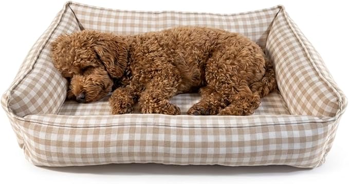 Gingham Dog Bed for Small Dogs, Small, Beige | Washable Removable Cover, Supportive Sponge Base, Bolsters